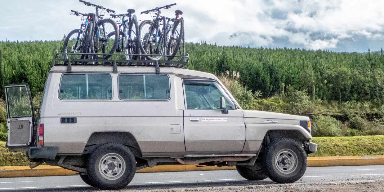 bikes loaded on jeep ready for a cotopaxi biking tour