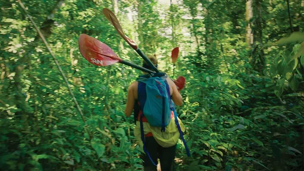Los turistas llevan remos de kayak a través de la selva ecuatoriana.