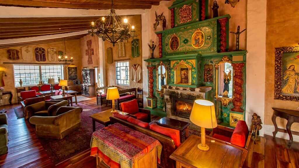 hacienda cusin fireplace and elegant colonial style guest social lounge