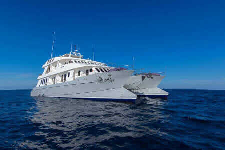 filter Alya catamaran yacht with blue ocean and sky - Galapagos islands cruise