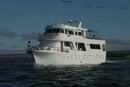 Darwin yacht galapagos cruise - side view of the Darwin yacht with frigate birds flying overhead