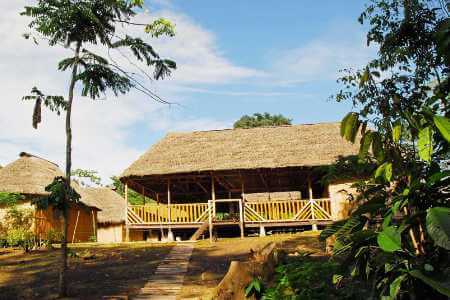 toegangspad naar Amazon Dolphin Lodge in het regenwoud van Ecuador
