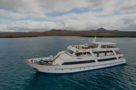 Seaman Journey-catamaran voor anker in de blauwe Galapagoszeeën