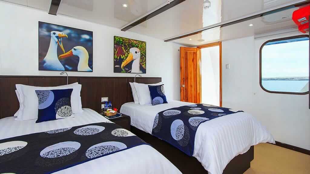 Gästekabine mit zwei Einzelbetten an Bord der Natural Paradise Yacht Galapagos Cruise