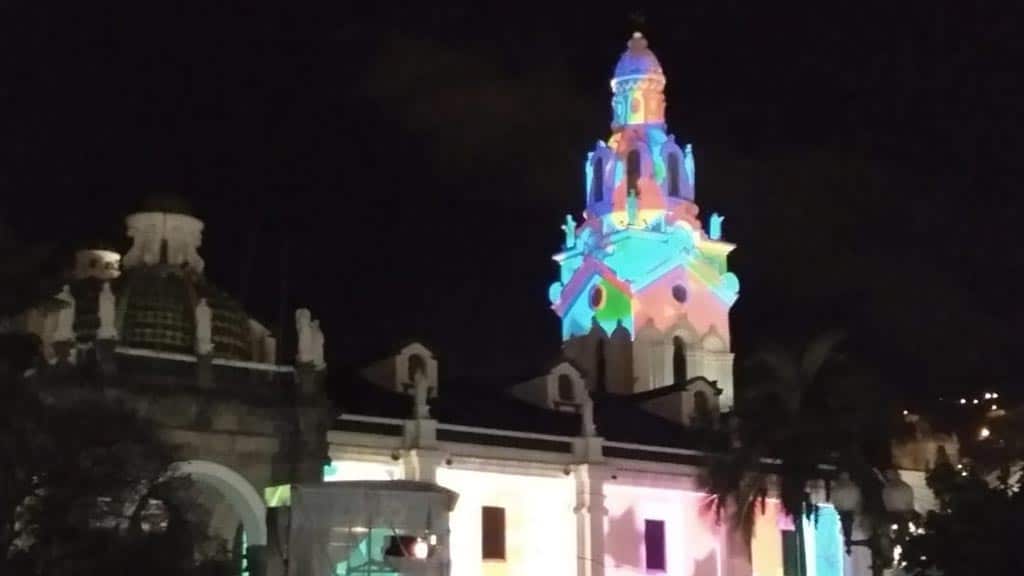 impressive lights on cathedral during quito light festival