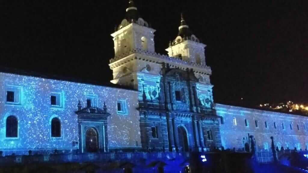 impressive lights on plaza san francisco monstary facade during quito festival of light