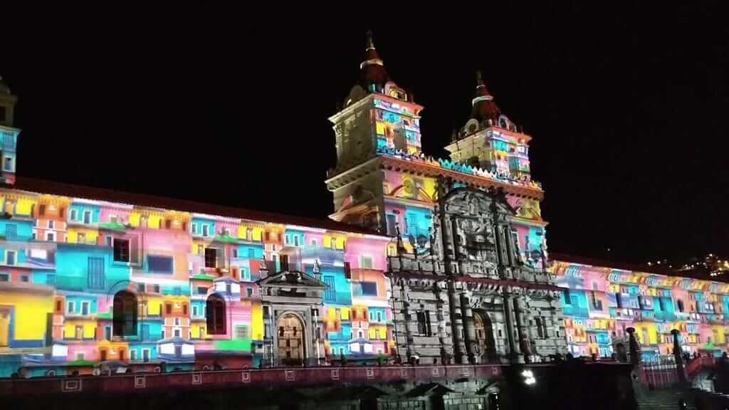 impressive lights on san francisco monstary facade during quito festival of light