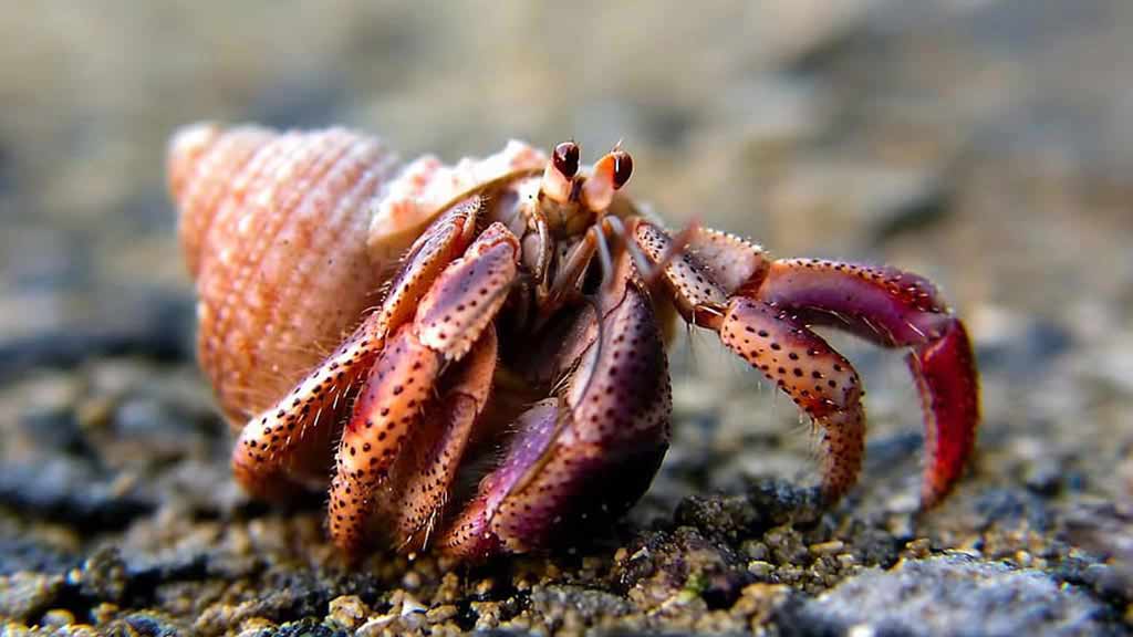 hermit crab peeping out his shell at the Galapagos islands