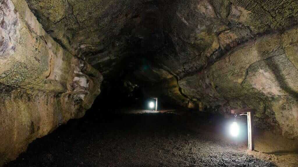 Inside a Galapagos islands volcanic lava tunnel in Ecuado