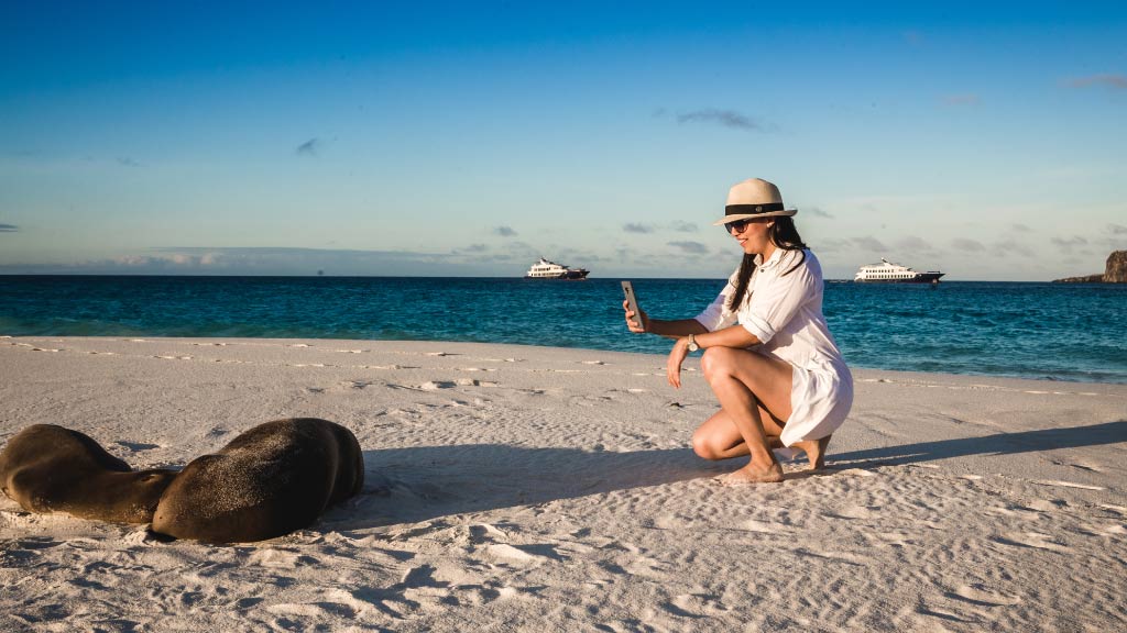A woman in a white sun dress and hat crouches on a white sandy beach to take a photo of two sleeping sea lions