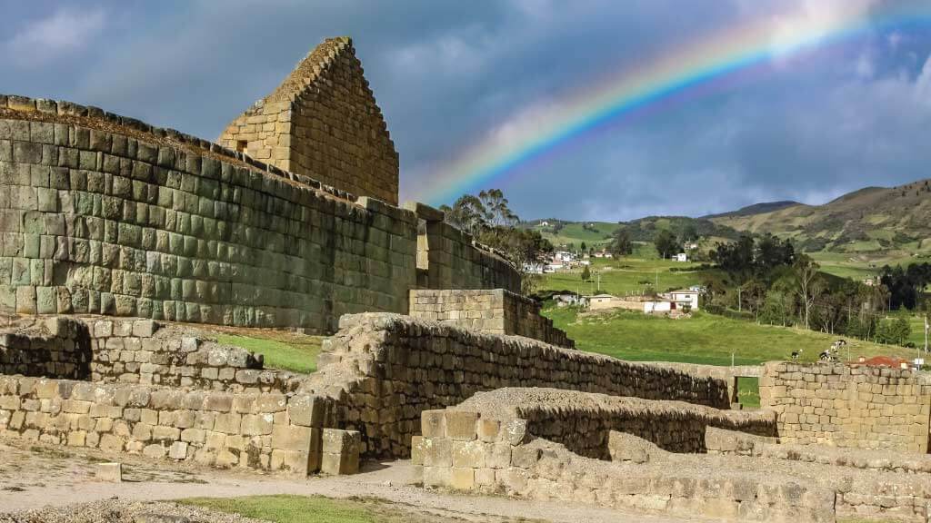 ingapirca sun temple with rainbow backdrop