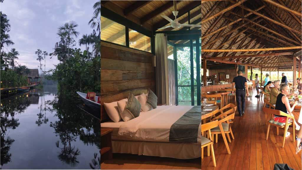double bed cabin and restaurant at sacha lodge in ecuador's amazon rainforest