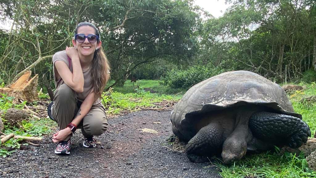 a tourist posing-with-a-giant tortoise-in-the-galapagos-islands